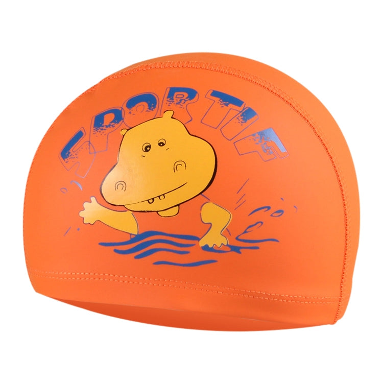 Orange kids waterproof swimming cap with cartoon hippo print and stitched edge