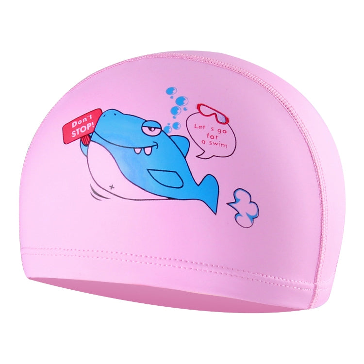 Children's waterproof swim cap, pink with blue cartoon shark and bubbles