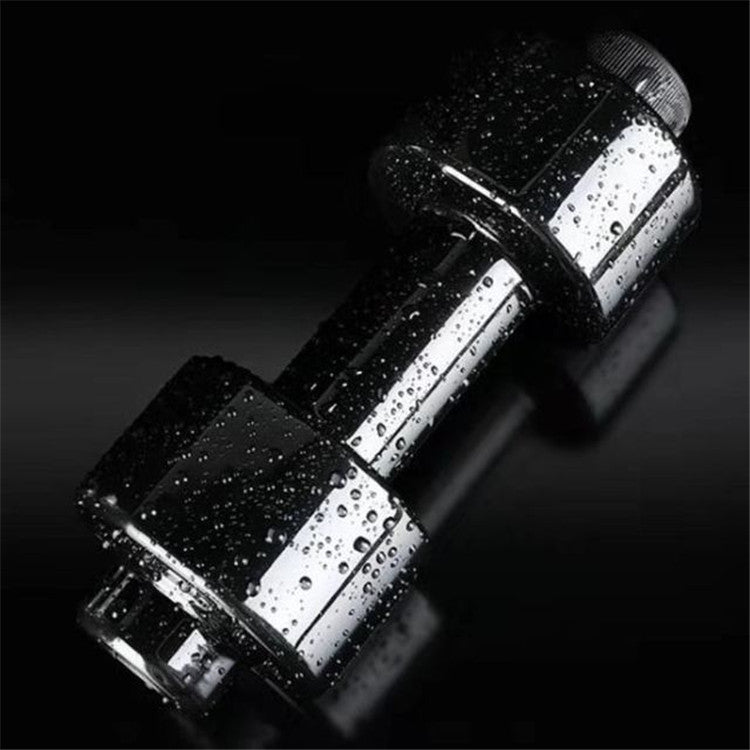 Black dumbbell-shaped water bottle cup with screw cap and striped center