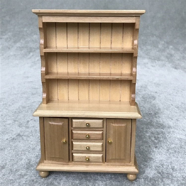 Light wood mini dollhouse cabinet bookcase with open shelves and lower doors