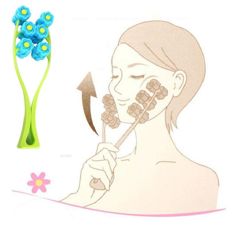 Blue flower roller face massager with green handle and facial massage motion arrows