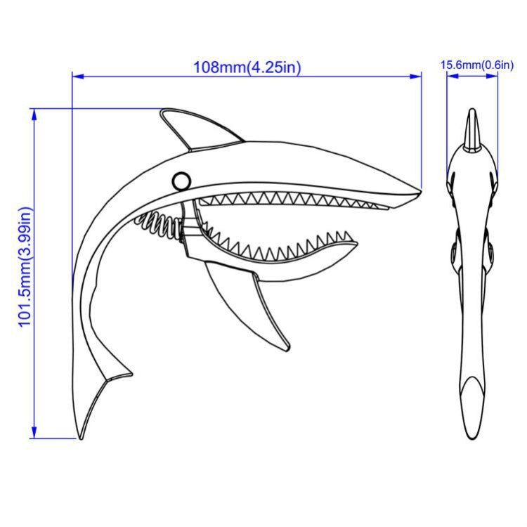 Shark-shaped guitar capo size diagram with rose gold clamp shape outline