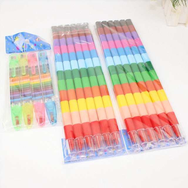 Blister pack of multicolor striped building-block crayons with 12-color tips