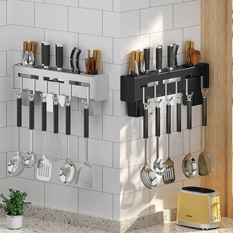 Black or brushed wall-mounted utensil racks with chopstick holders and hanging cookware tools