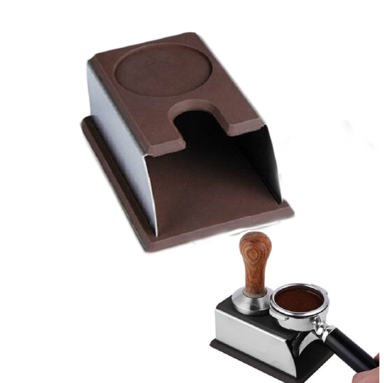 Brown espresso tamper stand with silicone cup and wooden-handled tamper