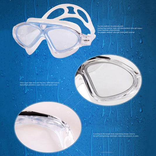 Swimming goggles with clear lenses and clear frame, shown on blue background