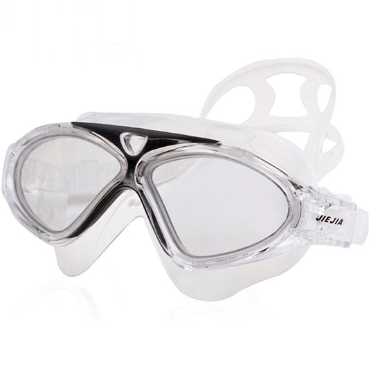 Swimming goggles with clear lenses, dark frame, and adjustable strap