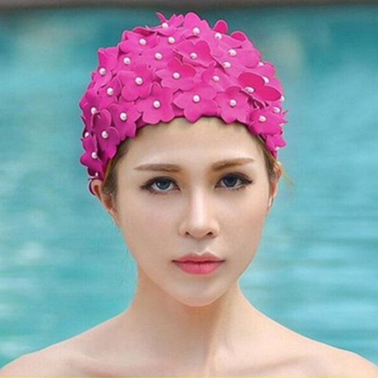Pink 3D floral handmade swimming cap with pearl-like bead accents