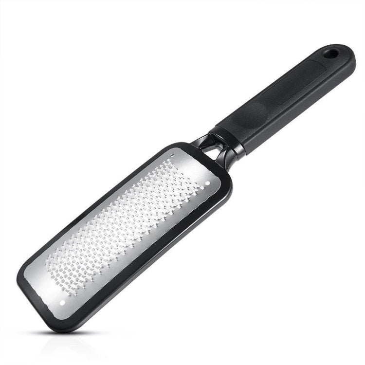 Foot callus remover with rectangular stainless steel scrubber plate on black handle