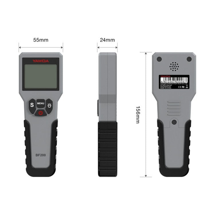Brake fluid detector pen with size dimensions, front screen and back vent view
