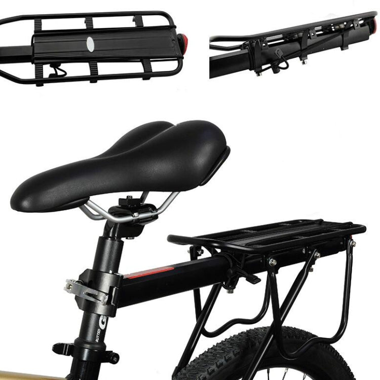 Black rear bicycle shelf rack with support bars and platform for mountain bikes