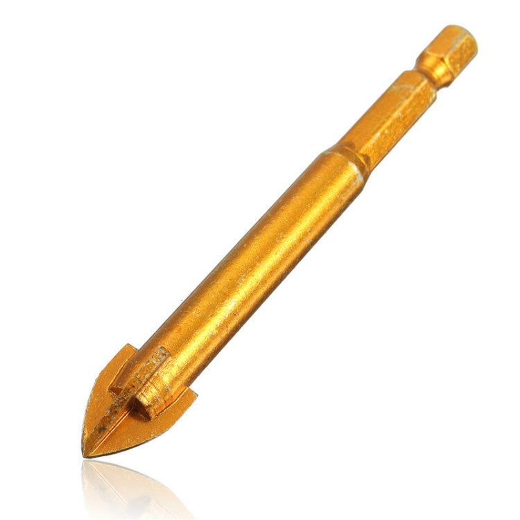 Gold hex-shank cross drill bit with cutting tip, close-up reflection