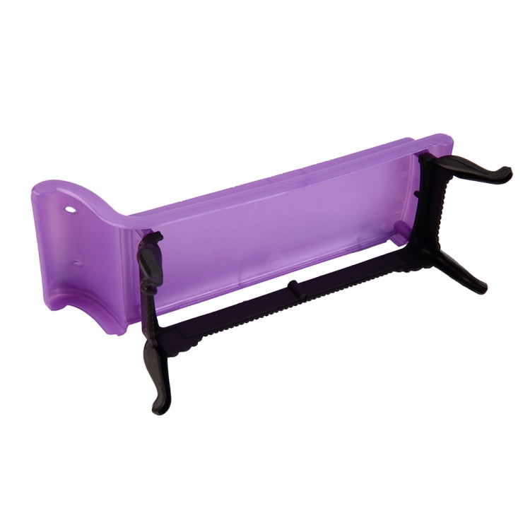 Purple plastic doll sofa profile view with black supports and curved feet