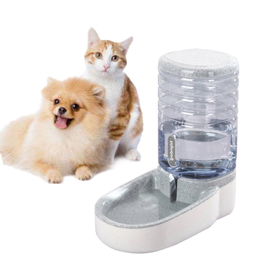 Gray automatic pet drinking fountain water dispenser with transparent reservoir and built-in bowl