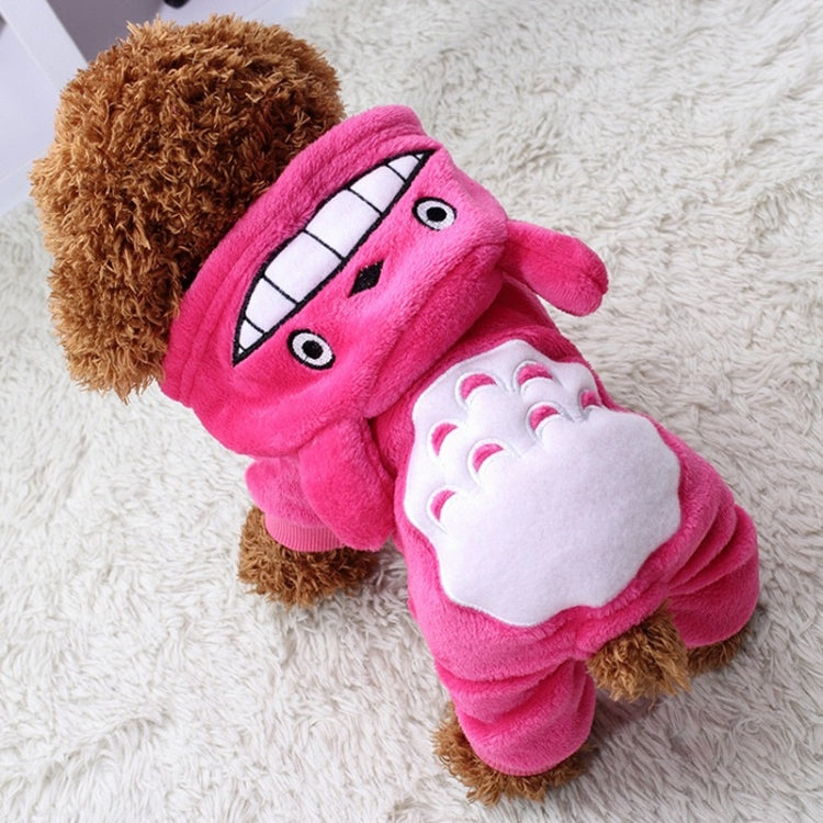 Pink chinchilla fleece dog coat costume with hood and cartoon face, padded belly