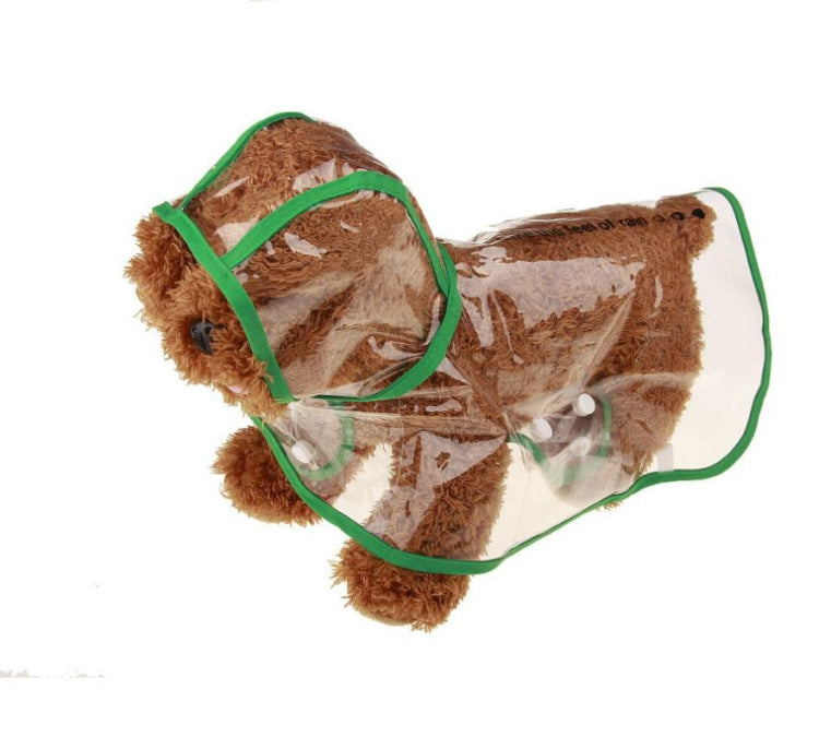 Green-trimmed transparent hooded dog raincoat, worn by a brown dog in profile.