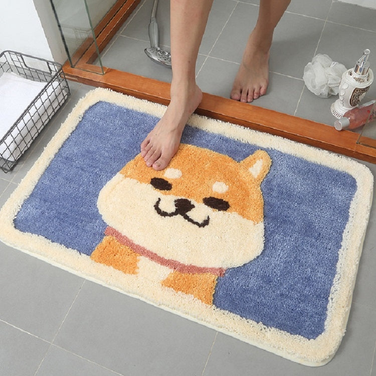 Cartoon cat bathroom rug with non-slip backing, blue mat, orange-and-cream face plush