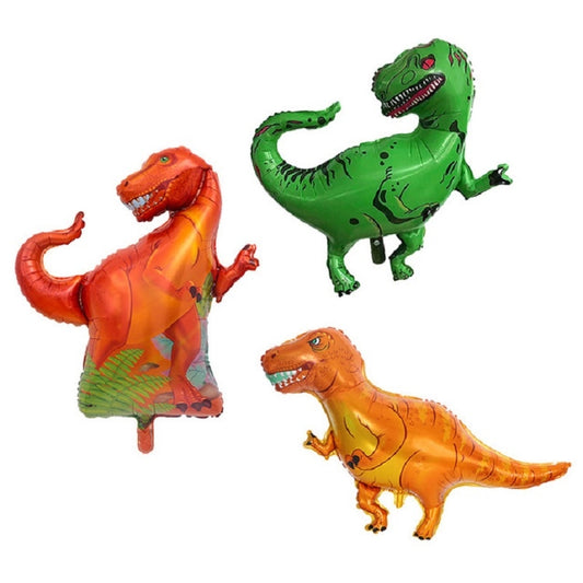 Set of dinosaur foil balloons: green T. rex, orange raptor, and orange T. rex