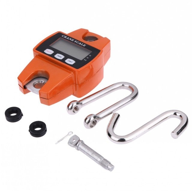 Orange digital hook scale set with LCD unit, stainless hook, and mounting parts