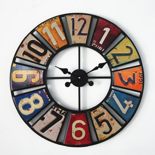 Digital Round Retro Wall Clock Creative License Plate Wrought Iron Decorative Clock, Round Retro Wall Clock