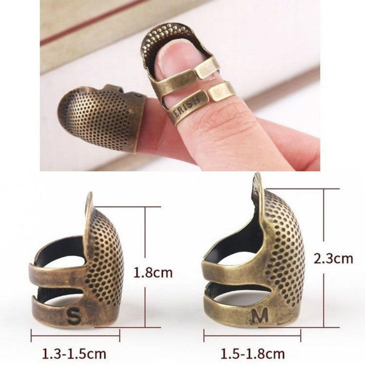Adjustable metal sewing thimble sizing chart for S and M, gold-tone