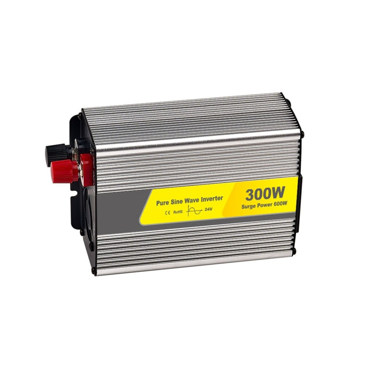 Silver 300W pure sine wave car power inverter with red DC connector and black casing