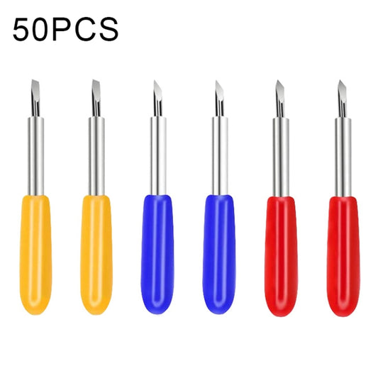 Set of 50 carving tools with metal shanks and yellow, blue, and red plastic handles