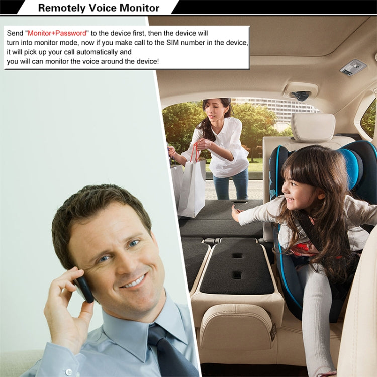Vehicle GPS tracker system shown with remote voice monitoring during a phone call
