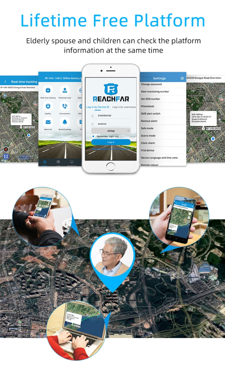 REACHFAR smart tracker app platform with map screenshots and device info tiles