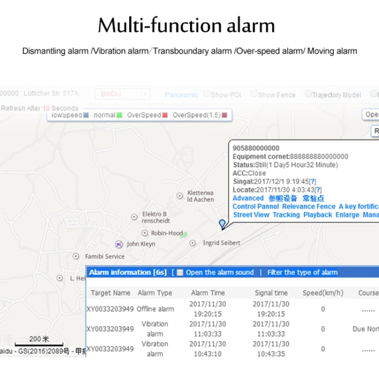 GPS tracking map with multi-function alarm info table and open alarm controls