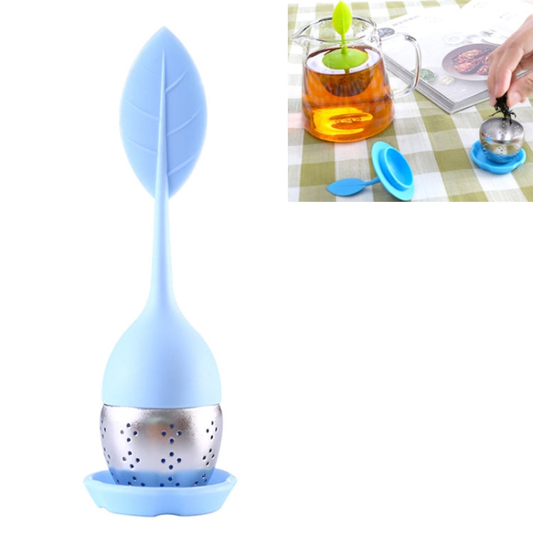 Blue silicone leaf tea infuser with metal mesh and matching drip tray