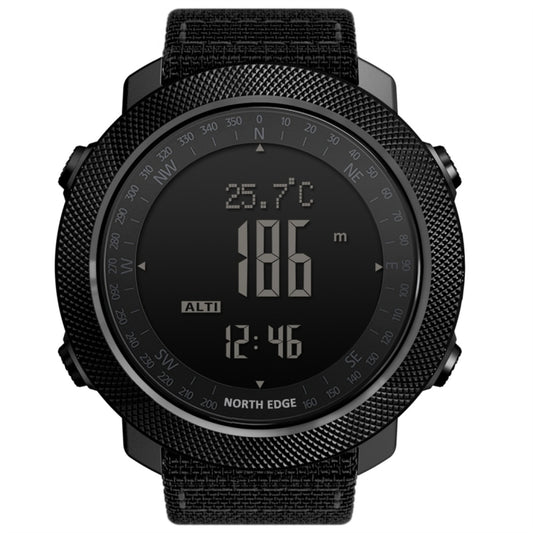 Black nylon-strap waterproof smart watch with dark screen showing 25.7°C, 186m, 12:46