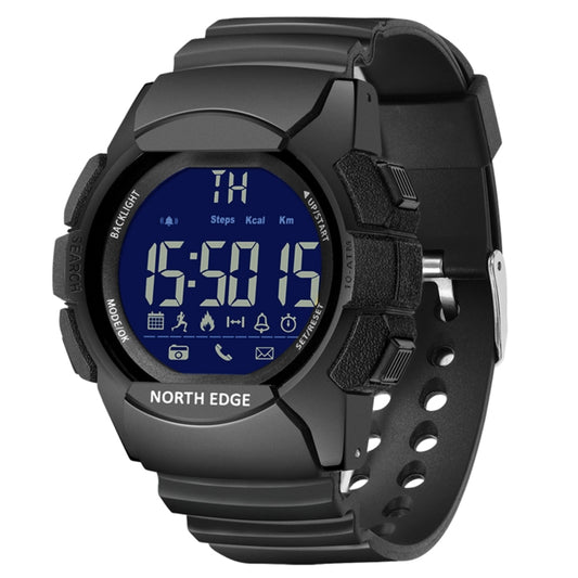 Bluetooth smart watch with black case and blue backlit digital display
