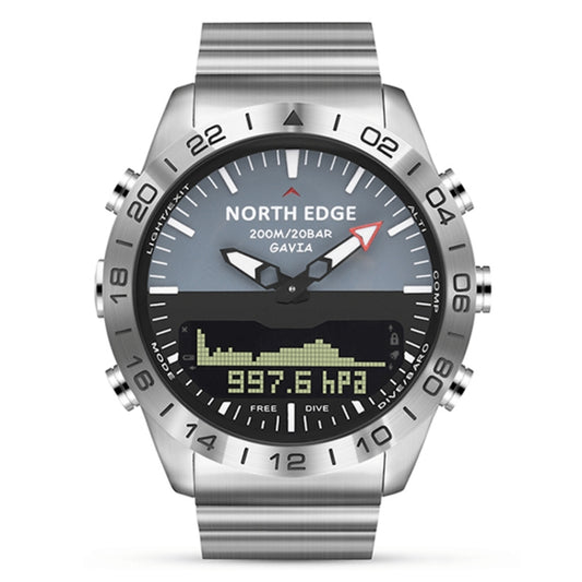 Dive watch with dark dial, stainless bezel, and digital hPa barometer readout