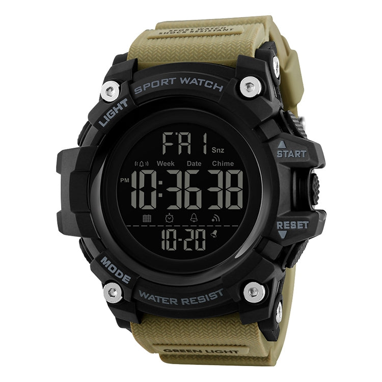 Khaki and black waterproof digital LED sport watch with round LCD display
