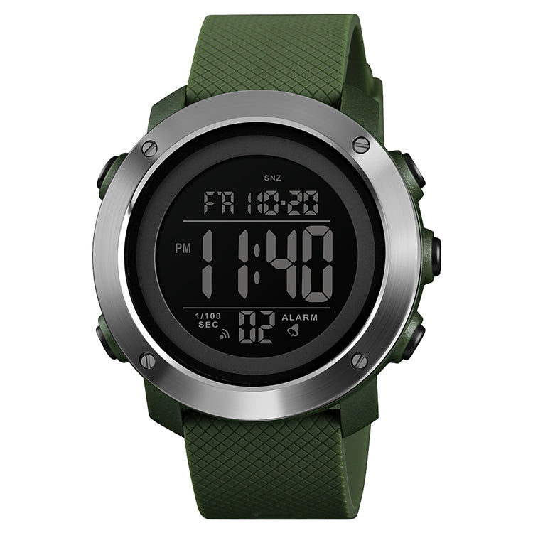 SKMEI digital wrist watch with green textured strap and silver steel bezel, black LCD time.