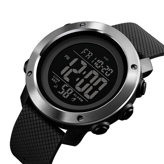 SKMEI digital wrist watch with black strap and silver bezel, angled view of LCD screen.