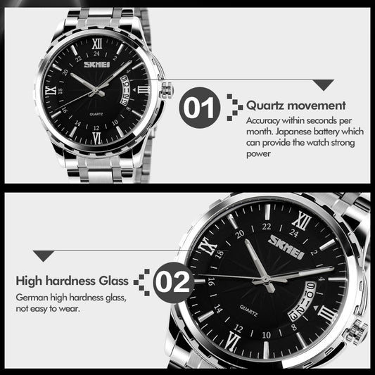 Black dial silver wristwatch close-up with crown at 3 o'clock and metal bracelet