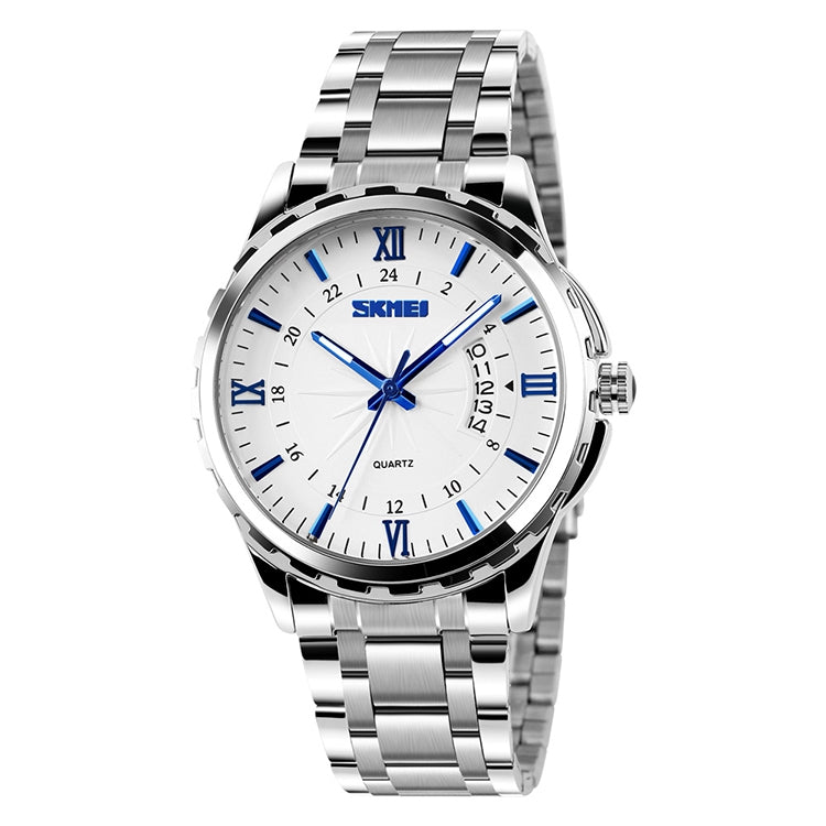 Silver metal wristwatch with white dial and blue hands, roman numerals and date window