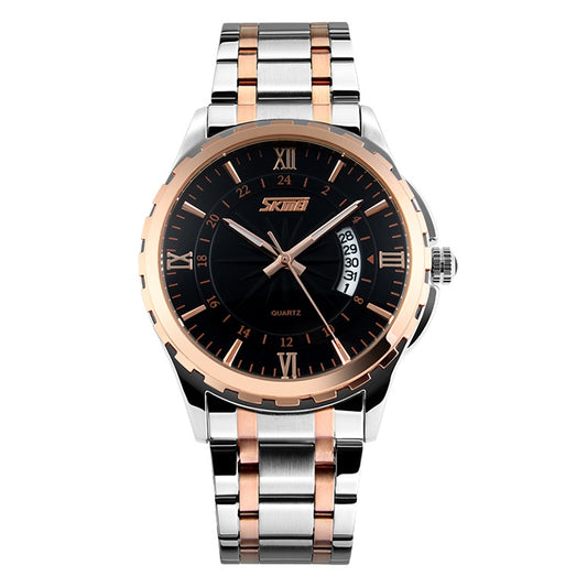 Two-tone metal wrist watch with black dial, gold bezel, rose accents, and date at 3 o'clock