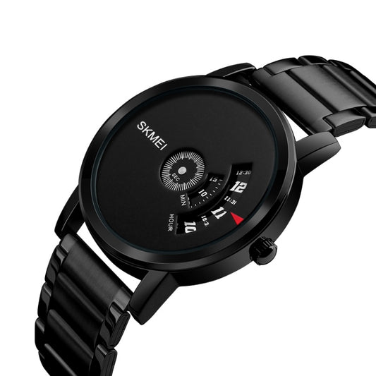 SKMEI quartz wrist watch close-up with black dial and black metal bracelet