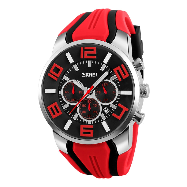 Red sports wristwatch with 3D multi-dial face, round metal bezel, silicone strap