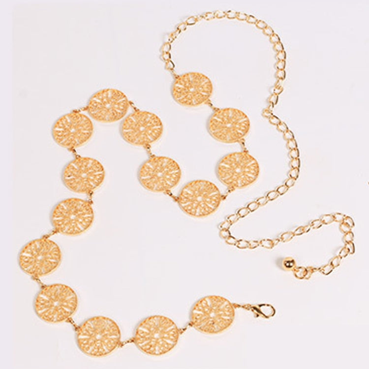 Gold metal waist chain with openwork circle links, clasp, and dangling charm