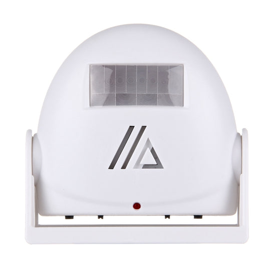 White wireless infrared motion sensor welcome alarm doorbell with front sensor window and red indicator