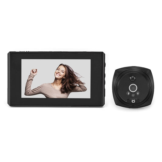 Black video doorbell with 4.3-inch display screen and round camera unit