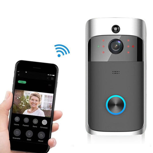 Silver smart video doorbell with wide-angle camera and blue LED ring, shown with smartphone