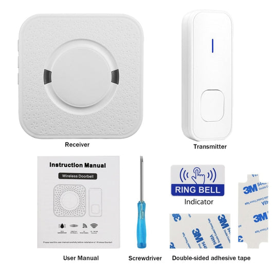 Wireless doorbell receiver and transmitter set with user manual, screwdriver, and tape