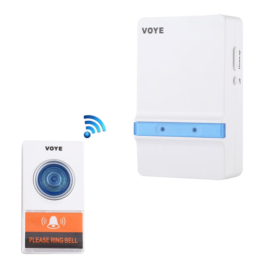 Wireless doorbell receiver, white unit with blue bar and VOYE branding
