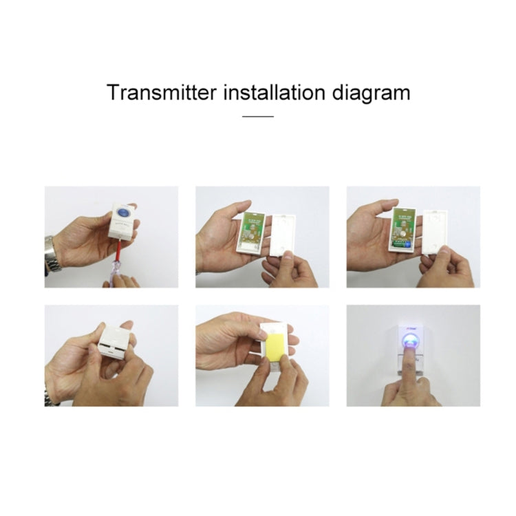 Wireless music doorbell transmitter installation diagram with hands, remote, and chime