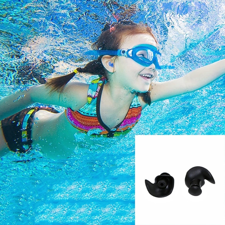 Blue soft silicone ear plugs worn during swimming with additional pair shown
